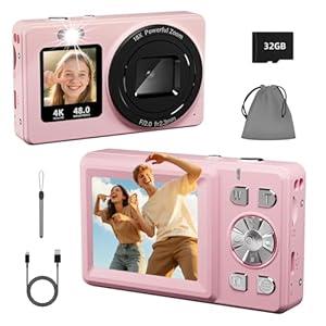 Digital Camera, 4K 48MP Autofocus Dual Screen for Selfies, 18X Zoom Fill Light, Portable Point and Shoot Camera with 32GB SD Card for Kids, Teens, Girls, Boys- Black