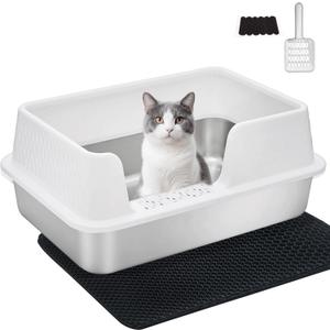 Medium Low Entry Enclosed Stainless Steel Cat Litter Box with lid Scoop and Pads Easy Clean Kitten Kitty White Metal Litter Box