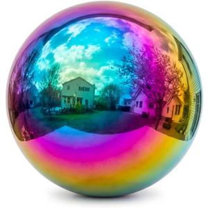 6 inch Diameter Gazing Ball,Rainbow Stainless Steel Polished Reflective Smooth Garden Sphere Globe Mirror,Colorful and Shiny Addition to Any Garden or Home