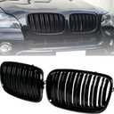 Front Bumper Kidney Grille Grill Glossy Black Compatible with 2007-2014 BMW X5 E70 X6 E71 Dual Slat Double Line