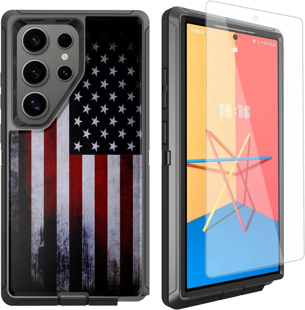 Compatible for Samsung Galaxy S24 Ultra 5G Case Old American USA Flag Design Case with Screen Protector [Military Grade Protection] Heavy Duty Shockproof Case 6.8inch