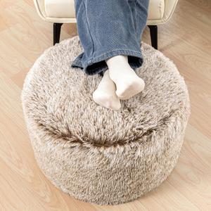 Stuffed Ottoman with Modern High Density Foam Faux Fur Pouf Stool Round Foot Stool Cushion Storage Ottoman 20 * 12''Floor Pouf Ottoman Foot Rest for Living Room (Snow Coffee)
