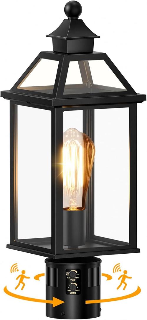 18.5" Motion Sensor Outdoor Post Lights, 360 Detection Lamp Pole Light Fixture 4 Lighting Modes, Large Waterproof Aluminum Outside Exterior Lantern for Garden, Porch, Pathway, (Black)