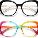 AMOMOMA Classic Round Reading Glasses for Women,Fashion Blue Light Blocking Womens Readers AM6064 (C1.black+c2.rainbow)