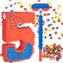 Number 5 Birthday Pinata for Kids, Spider Theme Pinata 16 Inch with Stick, Blindfold & Confetti, Superhero Party Decorations for Boys and Girls (5th)