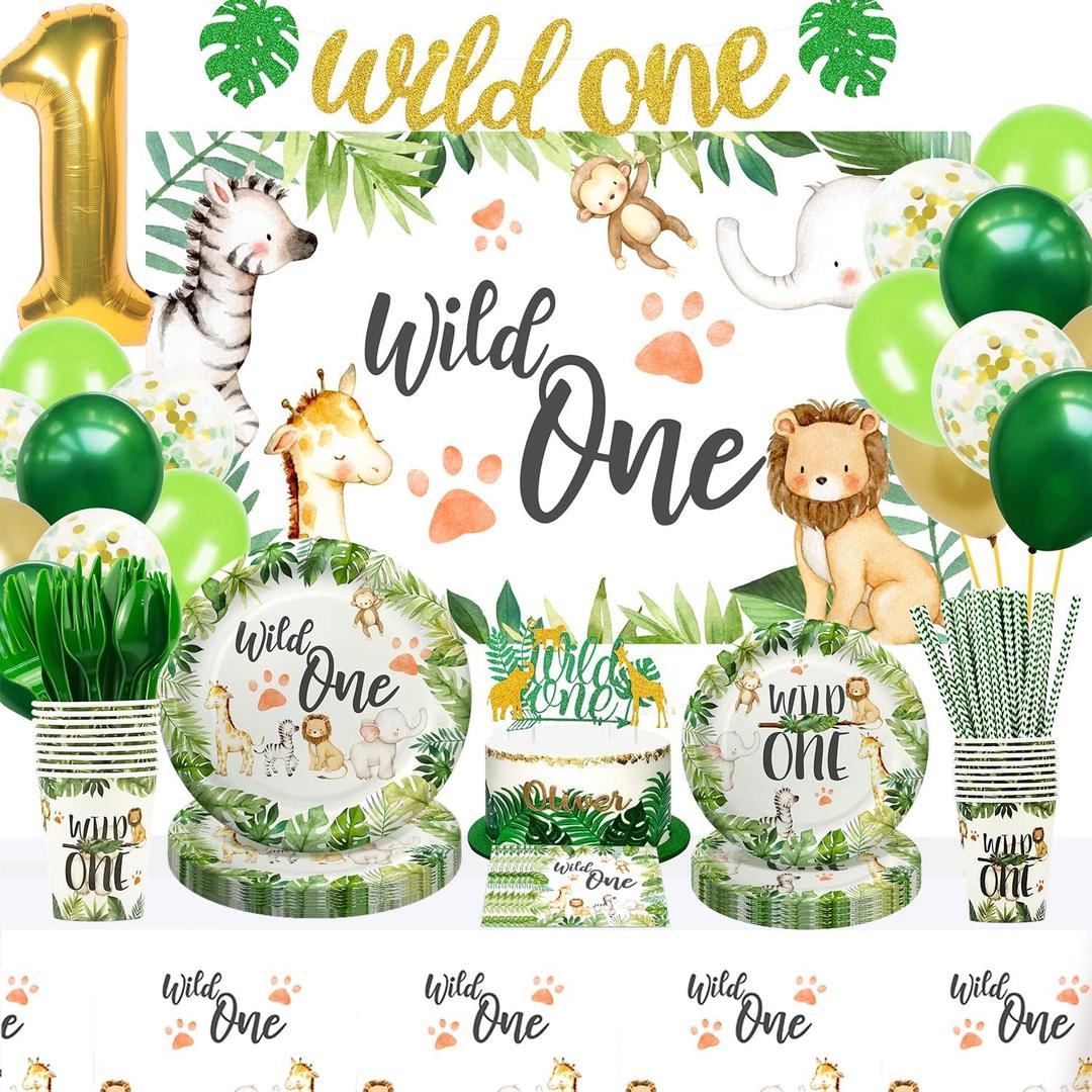 Wild One Birthday Decorations - Jungle Theme Party Supplies Tableware Includes Plates, Cup, Napkin, Balloon, Backdrop, Tablecloth, Straw, Cutlery, Banner, Safari Theme 1st Birthday Decorations