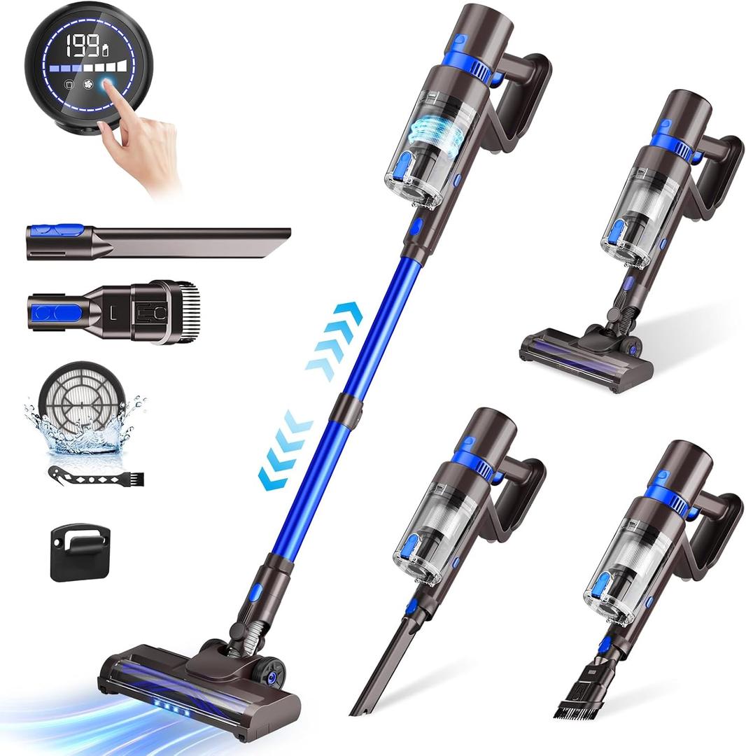 KCLASO Cordless Vacuum Cleaner, 550W 45KPA 50Min Vacuum Cleaners for Home, Self-Standing Stick Vacuum with Touch Screen, 3 Power Modes, Rechargeable Battery, Handheld Vacuum for Pet Hair Carpet Floor