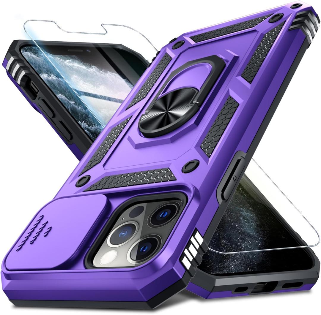 Janmitta Case for iPhone 13 Pro Phone Cover Built in Slide Camera Lens Cover+Screen Protector,Heavy Duty Shockproof Full Body PhoneCase with Finger Ring Holder Kickstand,Purple