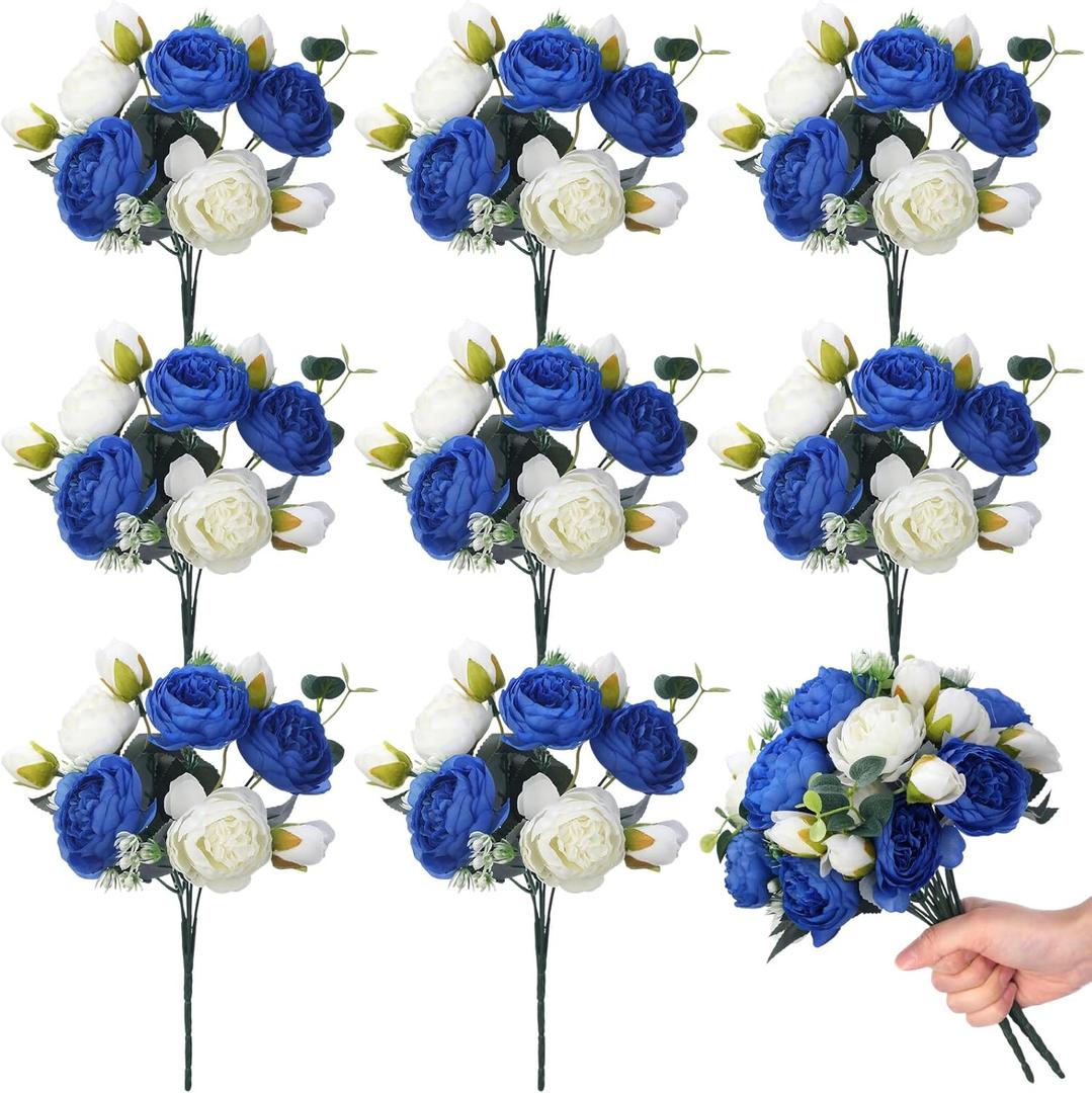 Yunsailing 8 Pack Artificial Peony Flowers Faux Silk Hydrangea Bouquet Wedding Home Table Decor Reusable Bouquet of Rose Flower for Birthday Wedding(Royal Blue and White)
