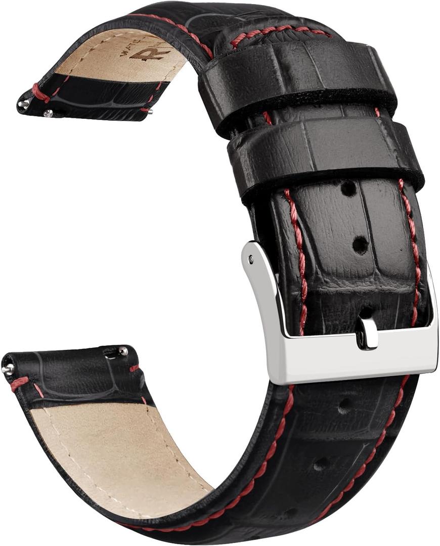 Ritche Christmas Gift Quick Release Leather Watch Bands Genuine Leather Watch Strap for Samsung Galaxy Watch 6 Band Classic 43mm 47mm 40mm 44mm 18mm, 20mm or 22mm for Men and Women, White Elephant Gifts, Stocking Stuffers for Men (Black/ Red Stiching/ Silver)