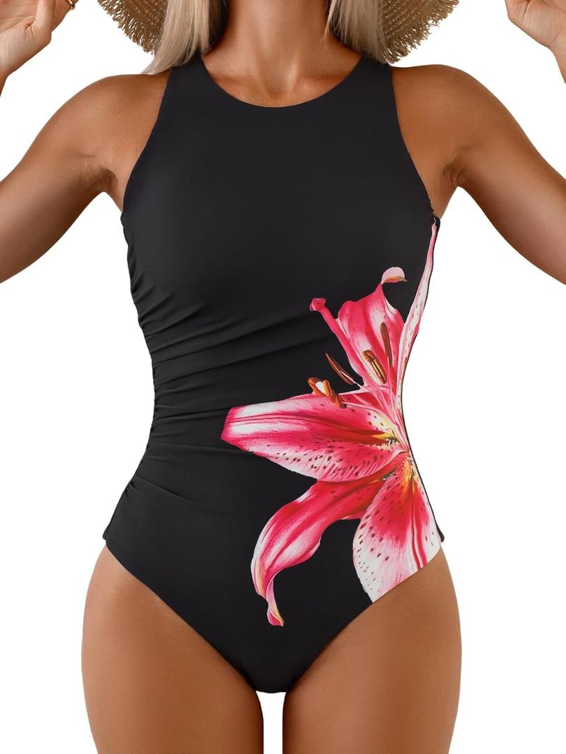 One Piece Bathing Suit for Women High Neck Tummy Control Swimsuit Modest Slimming Full Coverage Swimwear (X-Large, Black Lily)