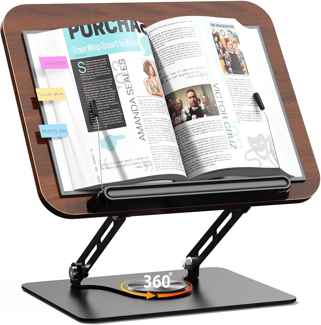 Abiglifty Book Stand for Reading, Adjustable Book Holder with 360° Rotating Base, Foldable Book Holder Stand for Cookbook, Textbook, Tablets, Laptops (Dark Wood)