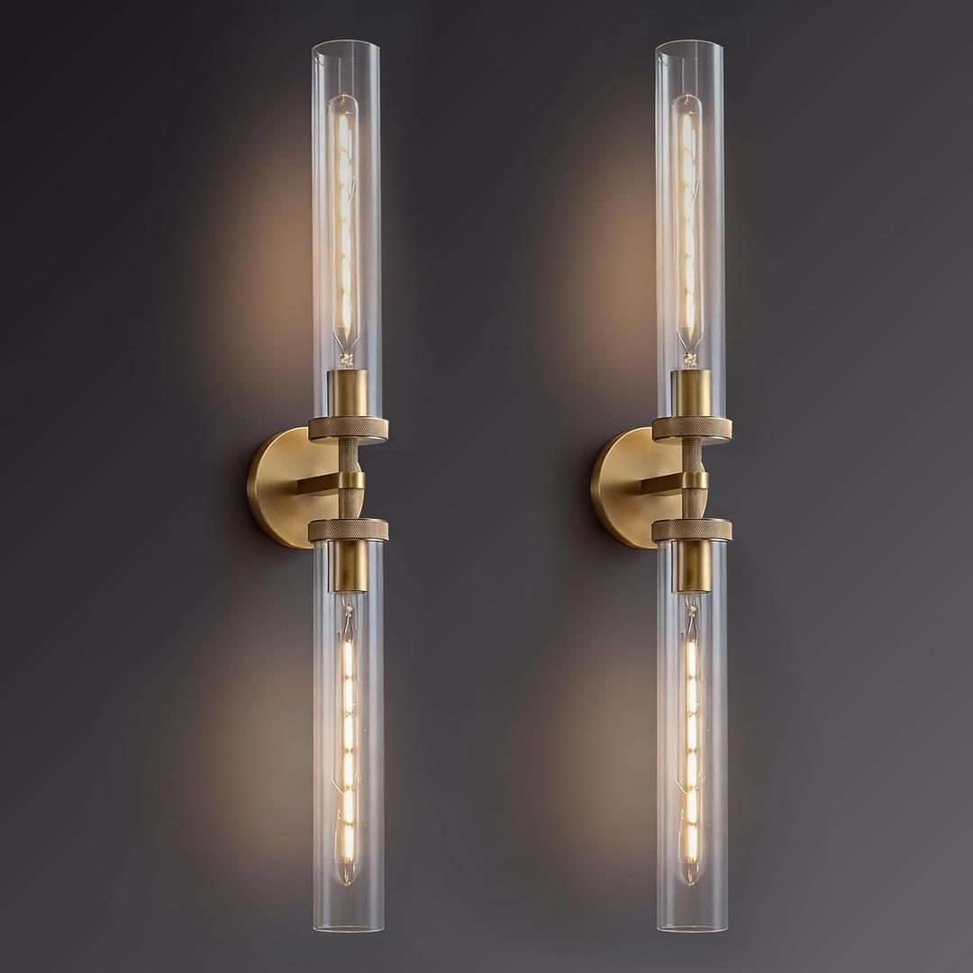 Bathroom Wall Sconces Set of Two, 30" Knurled Brass Wall Sconces with Tube Glass,Gold Sconces Wall Lighting Vanity Sconce for Bedroom,Living Room,Hallway, Staircase(E26 Bulb Include) (2PK)
