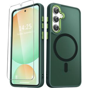 for Samsung Galaxy S25 Case, Matte Magnetic Phone Case with 1 Screen Protector, Support for Magsafe, Translucent Frosted Shockproof Protective Cover for Samsung Galaxy S25, Dark Green