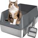 Stainless Steel Cat Litter Box, Odor Free Metal Litter Box with High Sides Lid, Open Top Low Entry Litter Pan Include Scoop Easy Cleaning Anti-Scratch Kitty Cat Box Anti-Urine Leakage, Non-Sticky