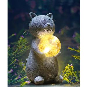 Solar Cat Statue Garden Decor - Cat Lover Gifts, with Gazing Solar LED Lights Ball Cats Decoration for Garden Yard Patio Lawn Balcony - Gifts for Mom Grandma (Gray)