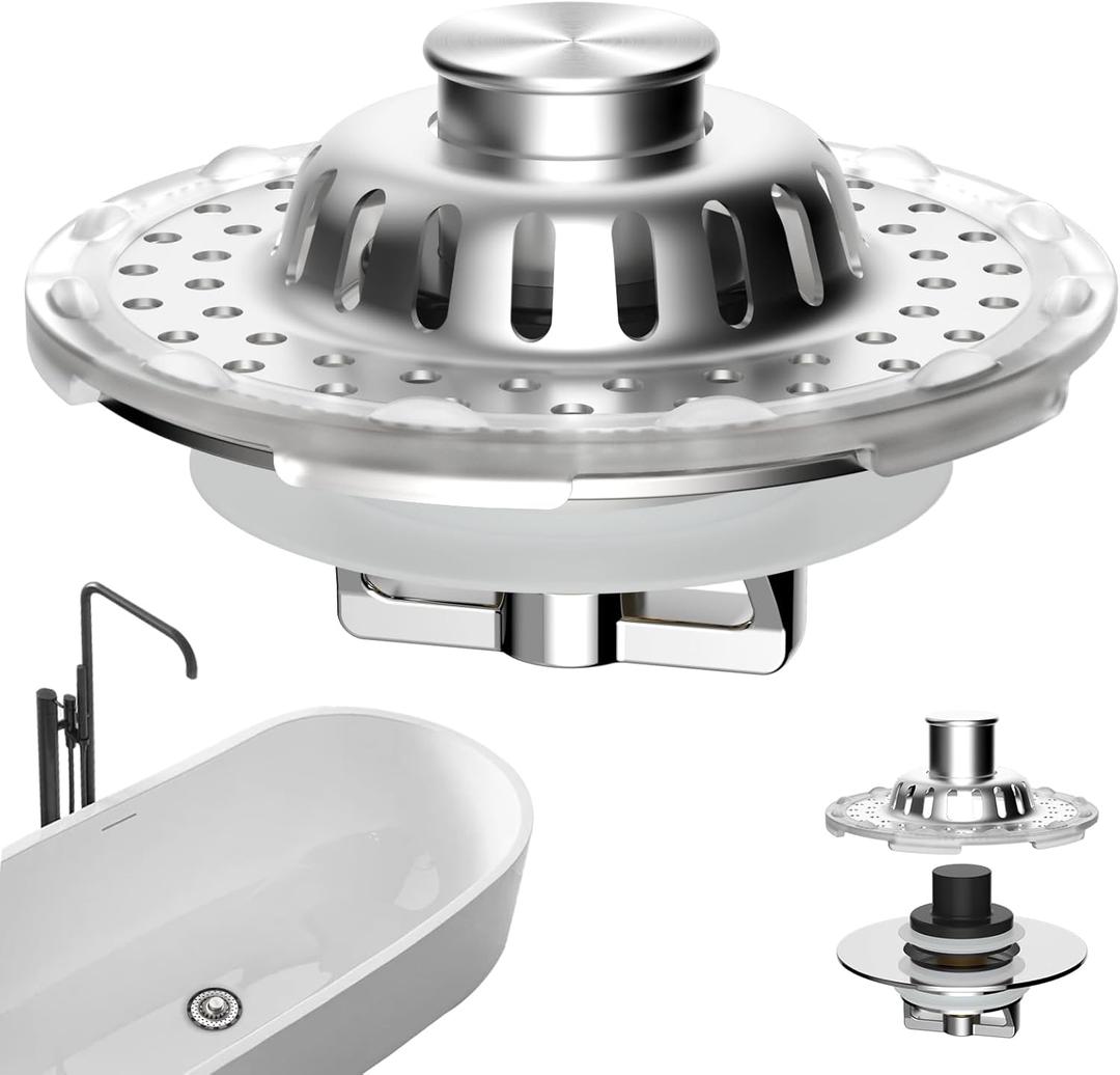 Universal Bathtub Drain Stopper Shower Drain Hair Catcher with Visible Top Strainer, Upgraded 3 in 1 Pop-up Tub Stopper Drain Plug Fit for 1.5 to 2.4" Hole, Stainless Steel Filter Basket