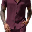 URRU Mens 2 Piece Outfits Summer Fashion Short Sleeve Shirt and Shorts Set Beach Tropical Vacation Outfits Sets Large, Wine Red 