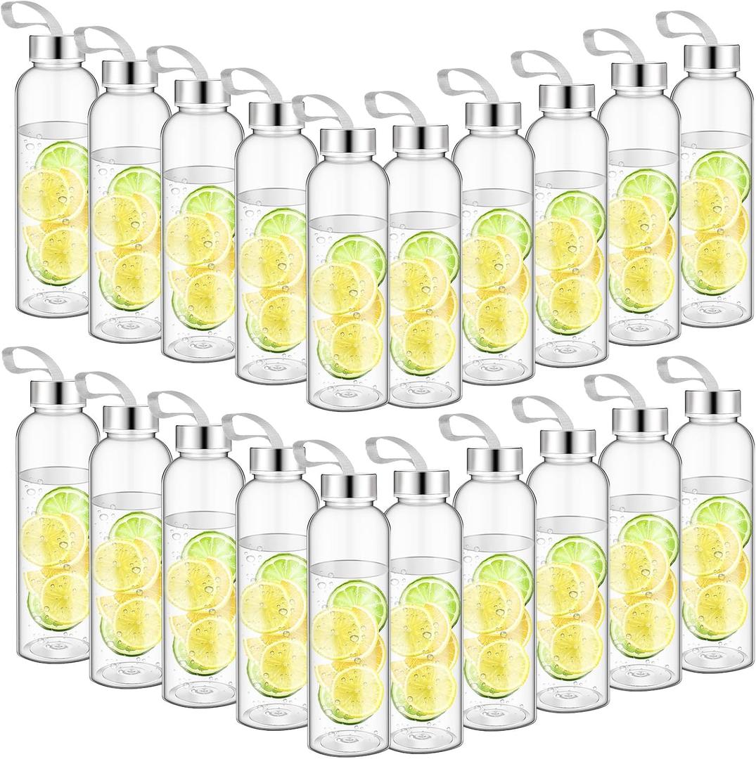 Zubebe Reusable Clear Water Bottles Bulk with Stainless Steel Leak Proof Lids Sports Bottles with Nylon Camying Strap for Party Gift Water Milk Smoothie Juice Beverage