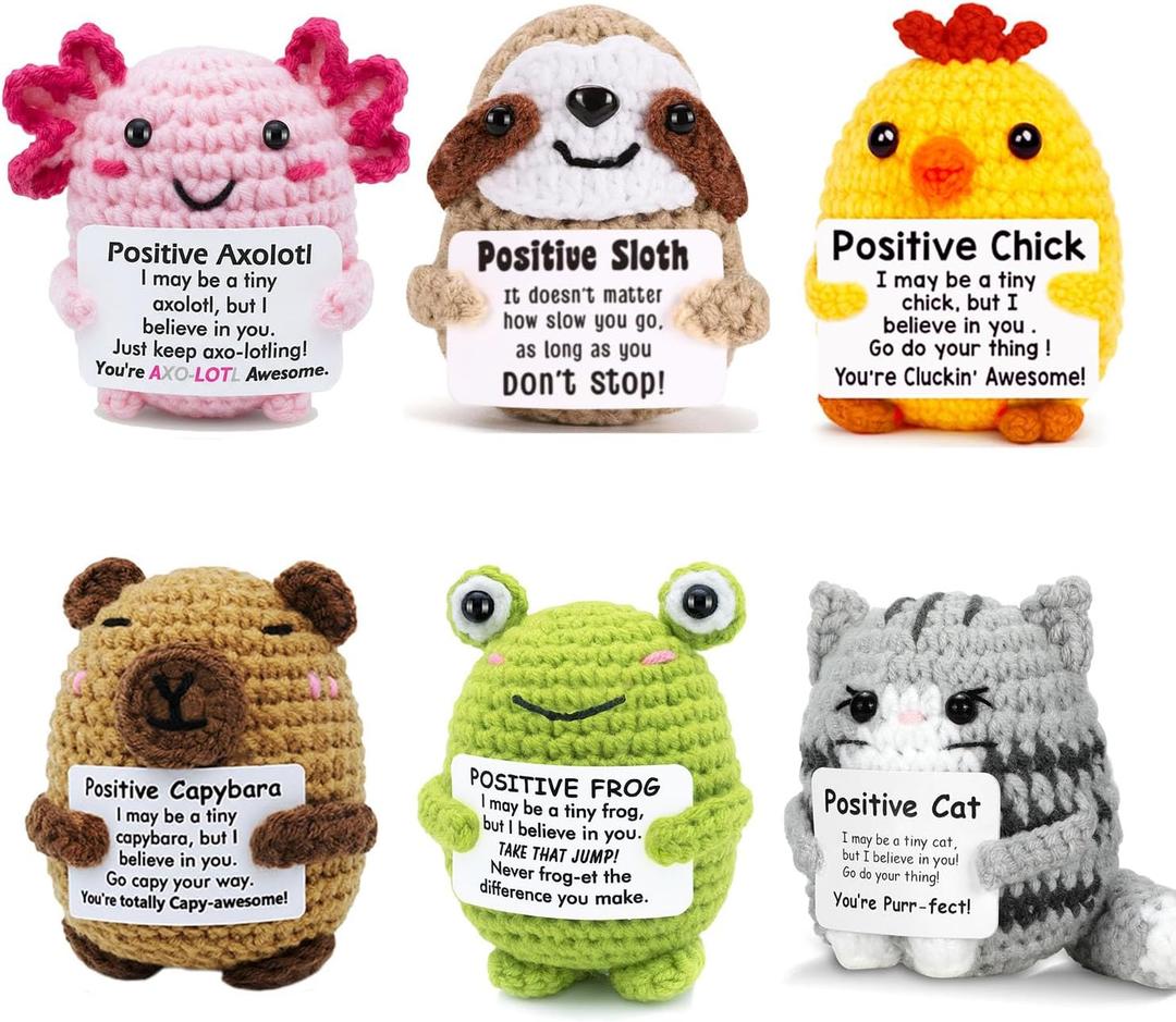 UNCLEM 6PCS Positive Crochet Animals Set Birthday Gift for Women Men Him Her Emotional Support Get Well Gift Potato Capybara Coffee Cat Chicken Axolotl Frog Desk Decor Friend Boyfriend, 6 Pcs
