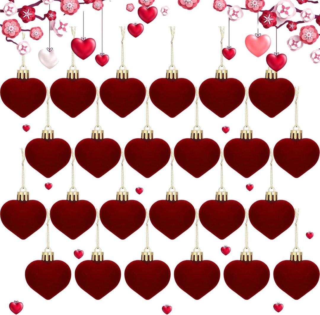 Riceshoot 24 Pcs Valentine's Day Flocked Heart Ornaments Romantic Red Heart Hanging Decorations Baubles for Small Tree Valentines Party Home Decor