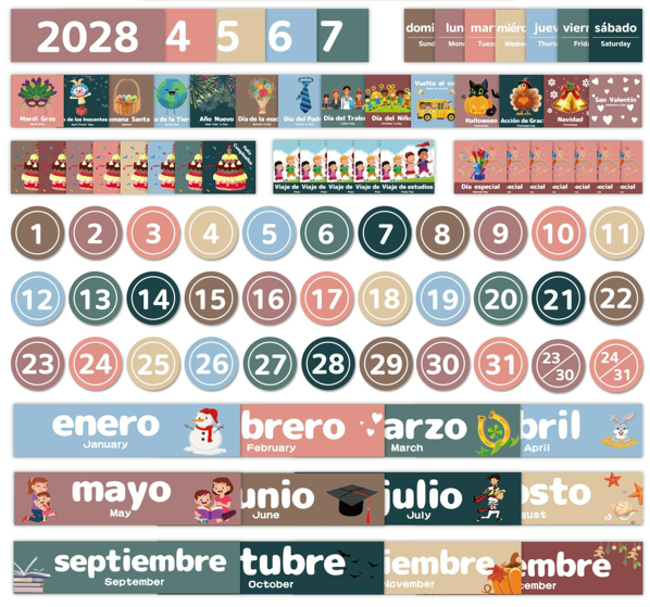 Monthly Calendar Pocket Chart for Classroom, Printed Days of The Week with Cards, Learning for Home or Kindergarten, Teacher Must Have Supplies That Fits Any School Décor (Spanish White)
