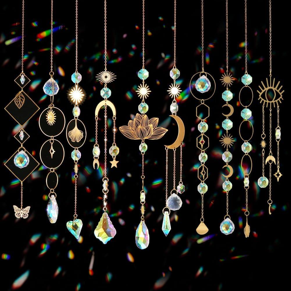 Sun Catchers, 10 Pieces Colorful Crystal Suncatcher with Chain Pendant Ornaments Hanging Crystals Prism Rainbow Maker for Windows Indoor Outdoor Car Mirror Garden Decor Wedding Party Xmas Gift