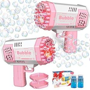 LUSJNGE 2 Bubble Gun with 2 Bottles Refill Solution for Kids, 40-Hole Light Up Bubble Machine for Toddlers 1-3, Pink Bubble Blaster Maker, Party Favors Toys for Boys Girls 4-8 Birthday Gifts