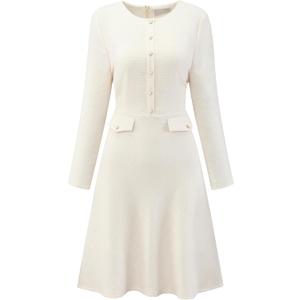 Women's A-Line Tweed Dress Long Sleeve Vintage Work Flare Dresses (Large, White)
