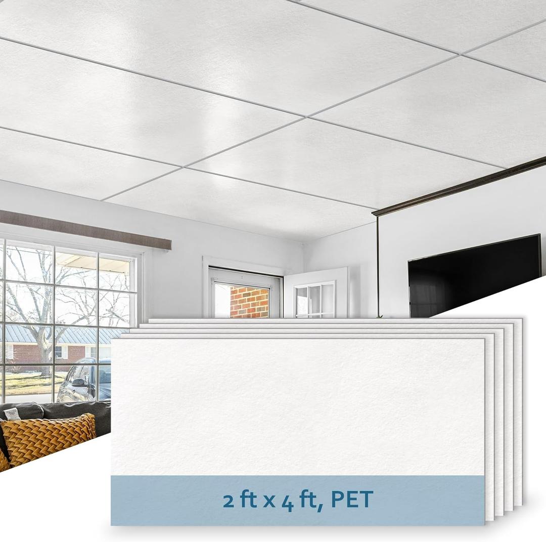 SUNWINGS 10-Pack Drop Ceiling Tiles, 24" x 48" White PET Decorative Ceiling Tile, 2ft x 4ft PET Waterproof Fire-Rated Covering Panels for Kitchen Bathroom Basement, Cover 80 Sq. Ft.
