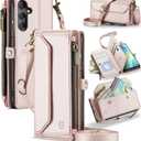Strapurs Wallet Case Compatible with Samsung Galaxy A16 5G RFID Blocking Card Holder PU Leather Magnetic Snap Shoulder Strap Zipper Pocket Phone Case Fit for Galaxy A16 6.5" - Rose Gold