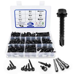 400PCS Black Self Tapping Screws for Metal, 410 Stainless Steel Sheet Metal Screws, #8#10#14 Hex Washer Head Self Tapping Screws for Metal Wood Plastic,1/2" to 1-1/2