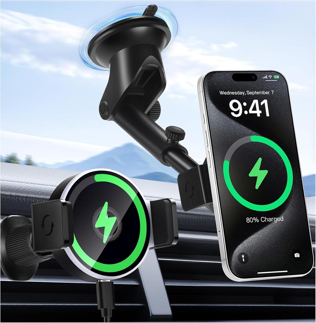 Wireless Car Charger, 15W Fast Car Mount Charger for iPhone 17/16/15/14/13/12/11/10/9/8 Series & Samsung, Auto-Clamping Magnetic Car Phone Holder with Fast Charging for Car & Home Use,Black