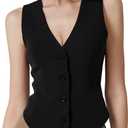QINSEN Women's V Neck Vest Top Sleeveless Button Down Fully Lined Solid Going Out Crop Tops (Large, Black)