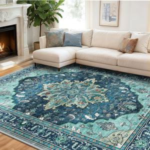 Area Rugs 8'x10' Washable Vacuum Cleaner Friendly, Non-Slip, Floral Vintage Distress Print Pattern Medallion Carpet for Living Room BedroomTeal Green Lake Blue Turquoise