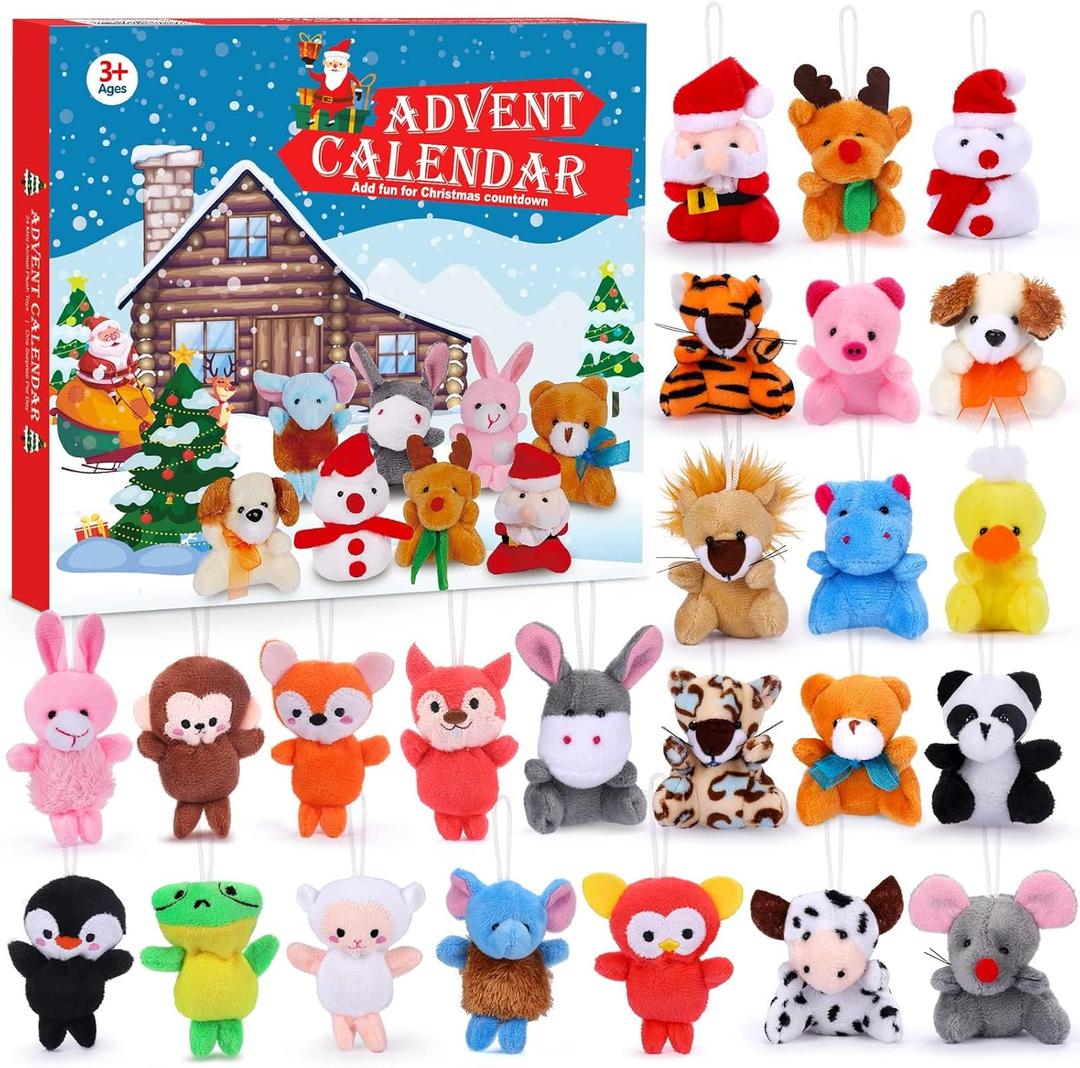 Advent Calendar 2025 for Kids 24 Days Christmas Countdown Calendar with Mini Animal Plush Toys Stuffed Animals Christmas Tree Decorations Stocking Stuffers Party Favor Gifts for Girls Boys