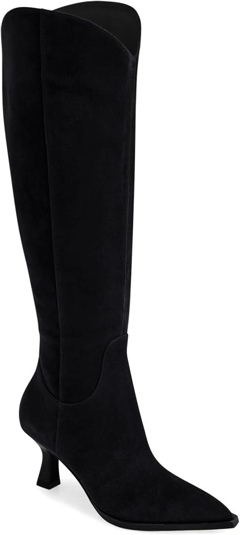 Coutgo Womens Wide Calf Knee High Boots Kitten Heel Pointed Toe Tall Boots Side Zipper Fall Winter Shoes (9, Black)