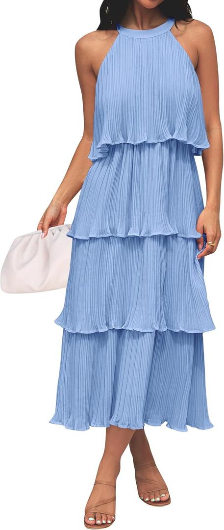 ZESICA Women's 2026 Summer Sleeveless Halter Neck Ruffle Tiered Layered Chiffon Flowy Swing Long Midi Dress (Blue, M)