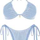ZAFUL Women's Bikini Set Fishnet Triangle Tie Convertible Collar Halter Bandeau Shell Two Piece Bathing Suit (Blue, XL)