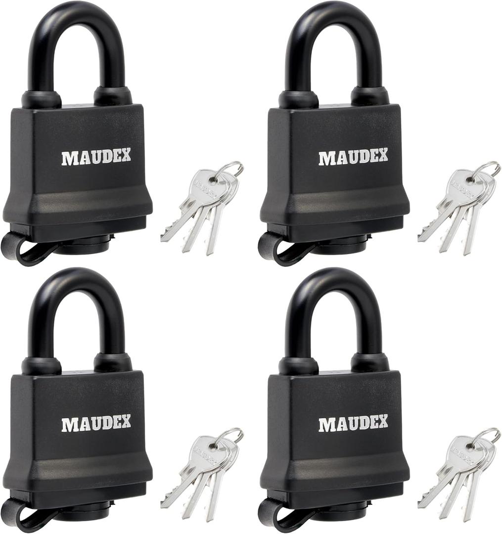 Maudex IP450 Heavy Duty Padlocks 4-Pack with 12 Same Keys - Weatherproof Outdoor Locks with Hardened Steel Shackle, Waterproof Protection for Gates, Sheds, Fences, Storage Units