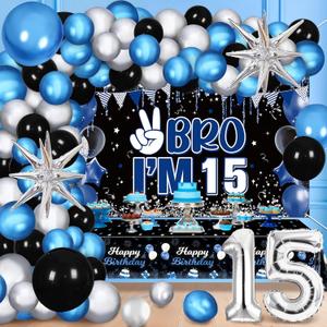 Black Blue 15th Birthday Decorations for Boys 74Pcs Happy 15th Birthday Decor Set with Bro I'm 15 Banner Backdrop Tablecloth Foil Number 15 Balloons Arch Kit for Teen 15 Year Old Bday Party Supplies