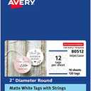 Avery Round Tags, Sure Feed Technology, 2" Diameter, Matte White, Strings Included, 120 Total, Print-to-The-Edge, Laser/Inkjet Printable (80512)