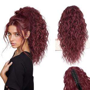 Ponytail Extension 18" Curly Wavy Pony Tail Claw Multi Layered Clip on Ponytail Extension Fluffy Natural Looking Synthetic Hair Piece for Women (Burgundy)