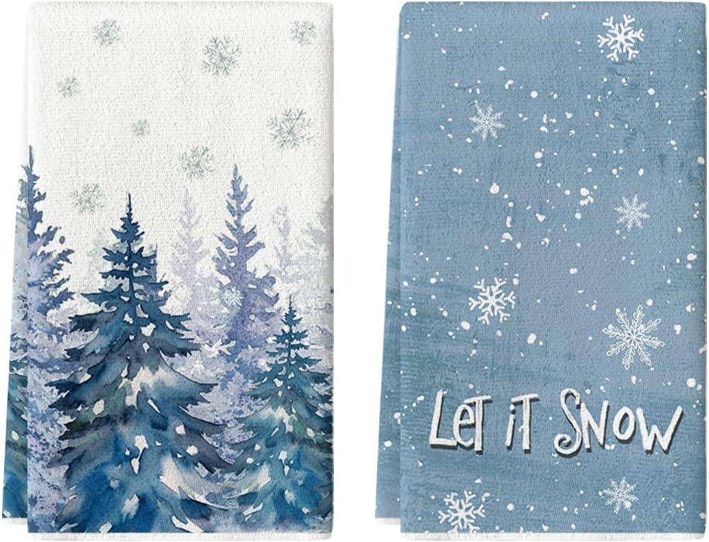 Artoid Mode Blue Xmas Tree Snowflake Winter Kitchen Towels Dish Towels, 18x26 Inch Farmhouse Holiday Decoration Cleaning Set of 2