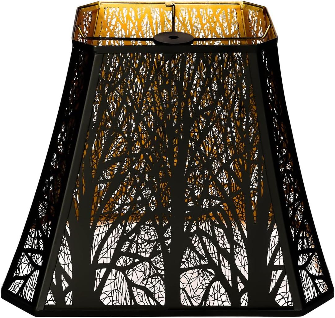 Etched Forest   Rectangle Lamp Shade Fitter Floor Lamp Shade, ALUCSET Large Metal Lampshade for Living Room Bedroom Top Diameter 8" Bottom Diameter 13.9" Height 11" (Black/Gold)