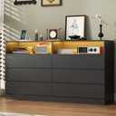 STIKELY 6 Drawer Dresser for Bedroom with Power Outlet, Black Dressers with LED Light, Dresser Chest of Drawers for Closet,Wooden Dressers Organizer Cabinet for Living Room,Entryway, Hallway