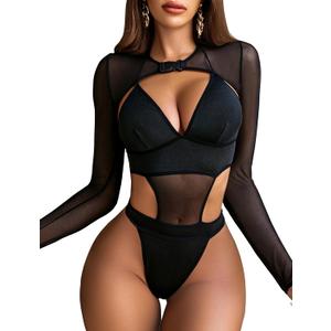 Avidlove Rave Outfits for Women Festival Sexy Lingerie Bodysuit Buckle Shrug Crop Top Set (Small, A-black)