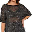 QIANXIZHAN Sparkle and Shine with Women's T Shirt Glitter Sheer See Through Sleeve Mesh Top Tee Blouse S