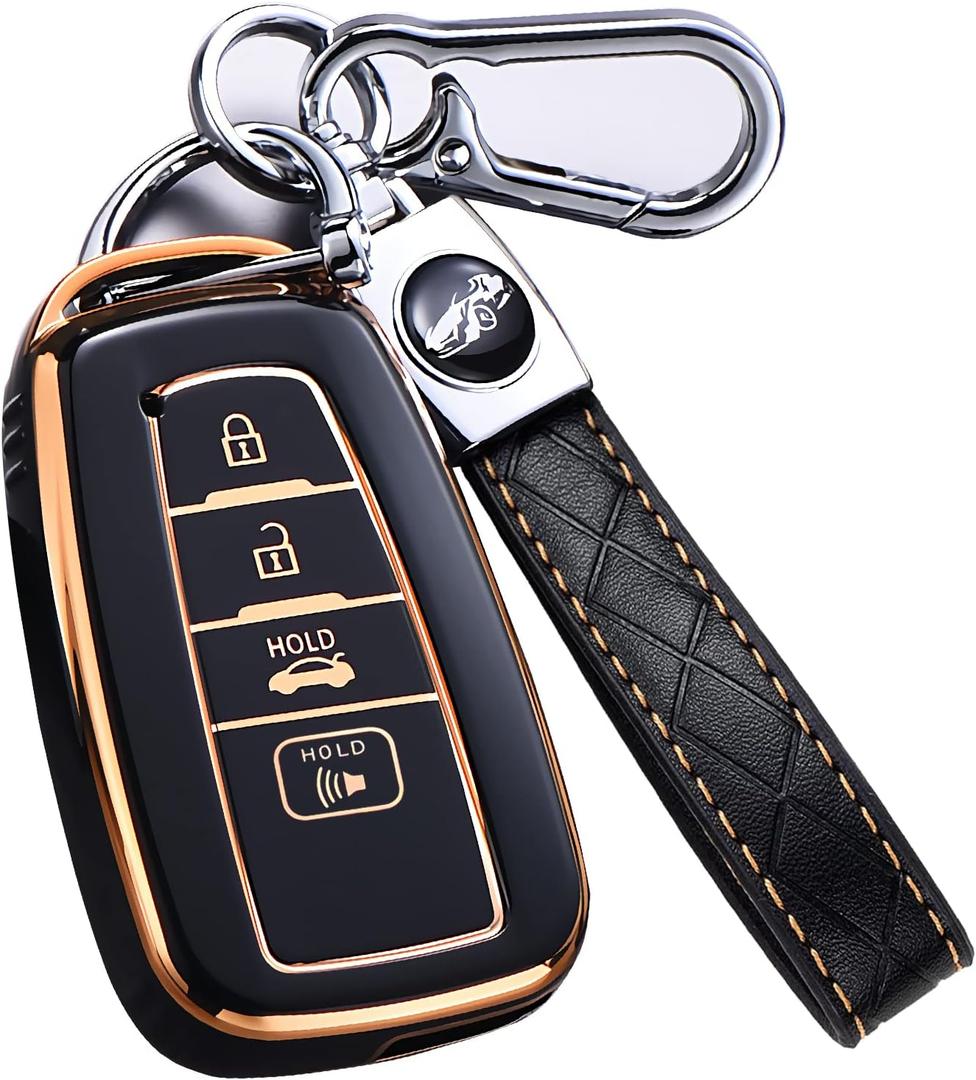 for Toyota Camry RAV4 Key Fob Cover with Keychain,for Highlander Corolla Avalon C-HR Prius GT86 Key Fob Case Premium Soft TPU 360 Degree Protector Key Holder (Balck)