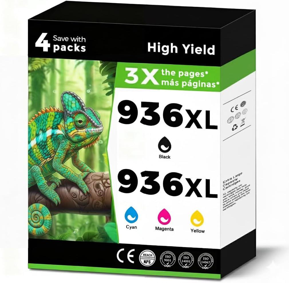 936XL (936e) Ink Cartridges Combo Pack Replacement for HP 936 e XL for OfficeJet 9122e Pro 9125e 9130e 9135e 9120b 9120e 9128 9128e 9110b 9110e 9130 9130b 9135 for HP936 Black Cyan Magenta Yellow